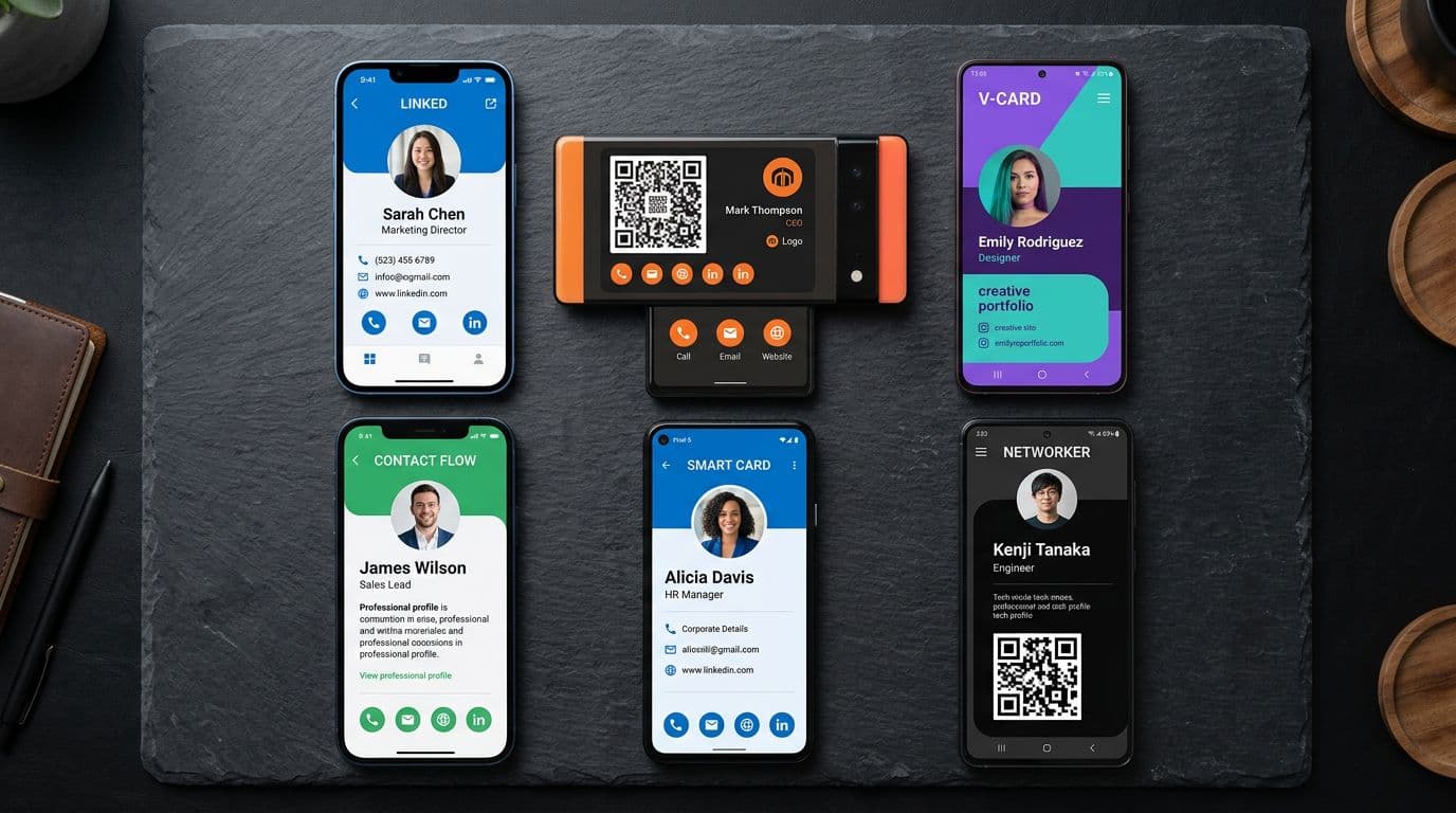 Multiple smartphones showing different digital business card apps arranged on dark surface