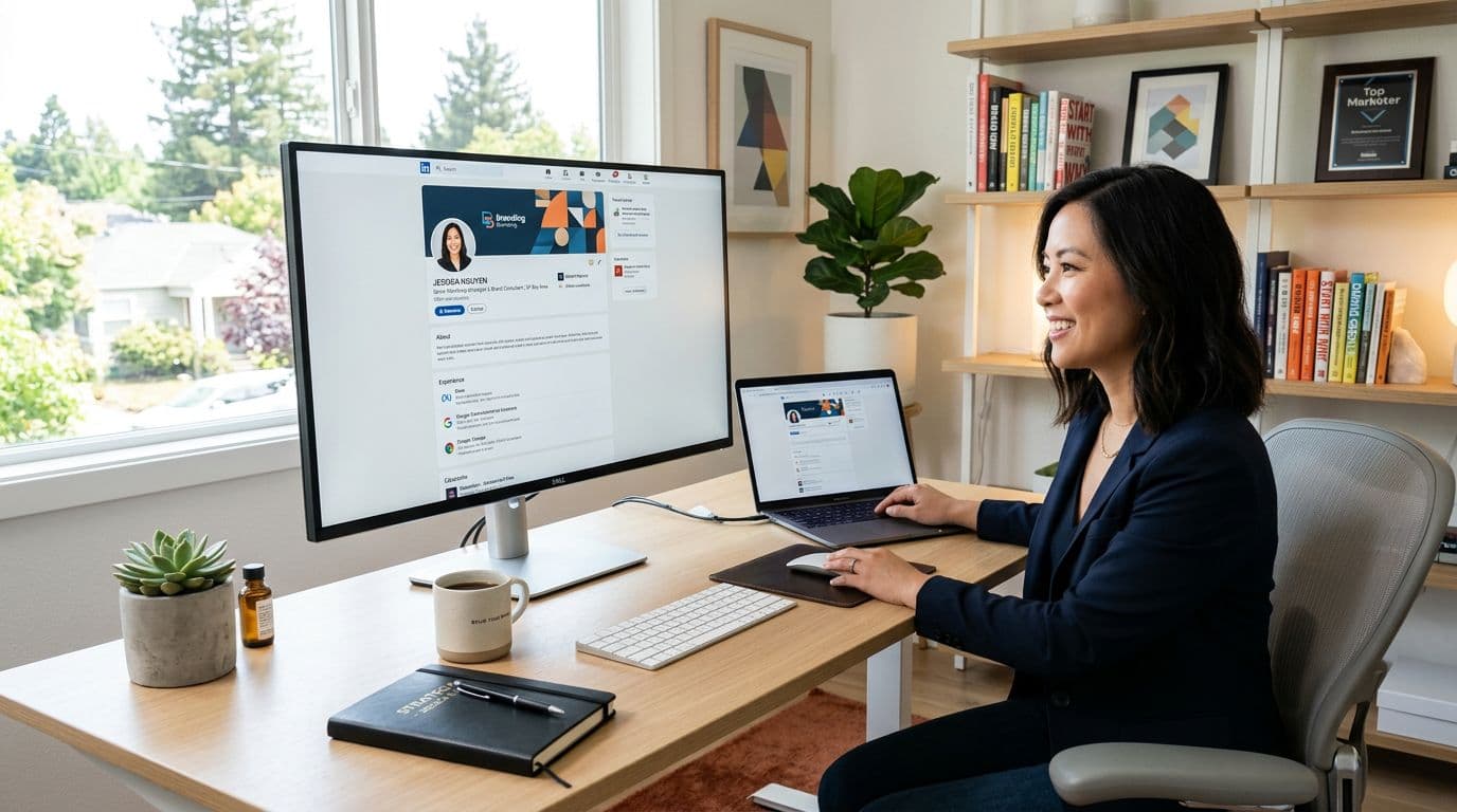 LinkedIn profile displayed on monitor in a modern bright home office
