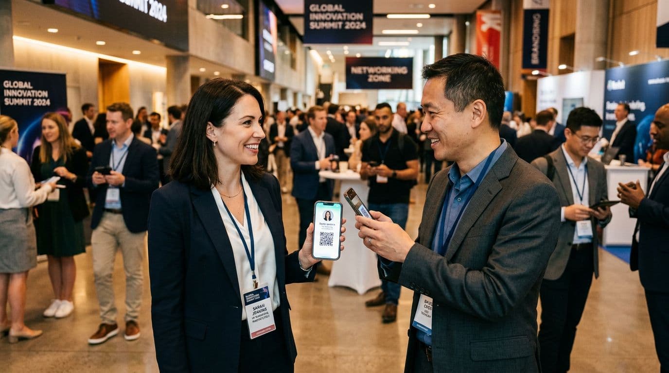 Professional networking at a conference event, sharing contact via QR code on smartphone