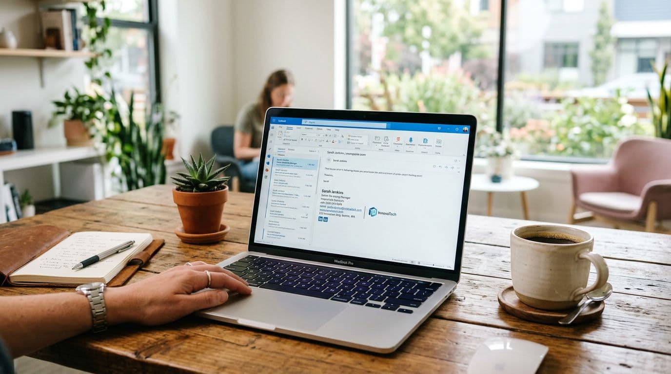 Laptop showing professional email signature design on a wooden desk with coffee