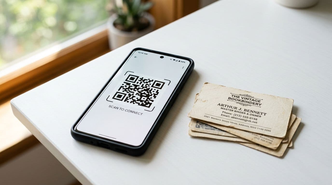 Smartphone displaying QR code business card on a clean white desk next to paper business cards