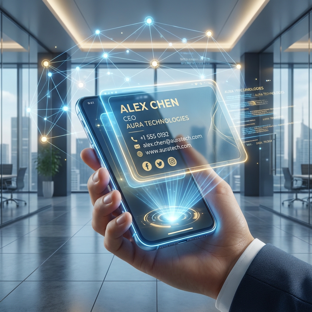 Digital business card concept showing holographic display with networking technology