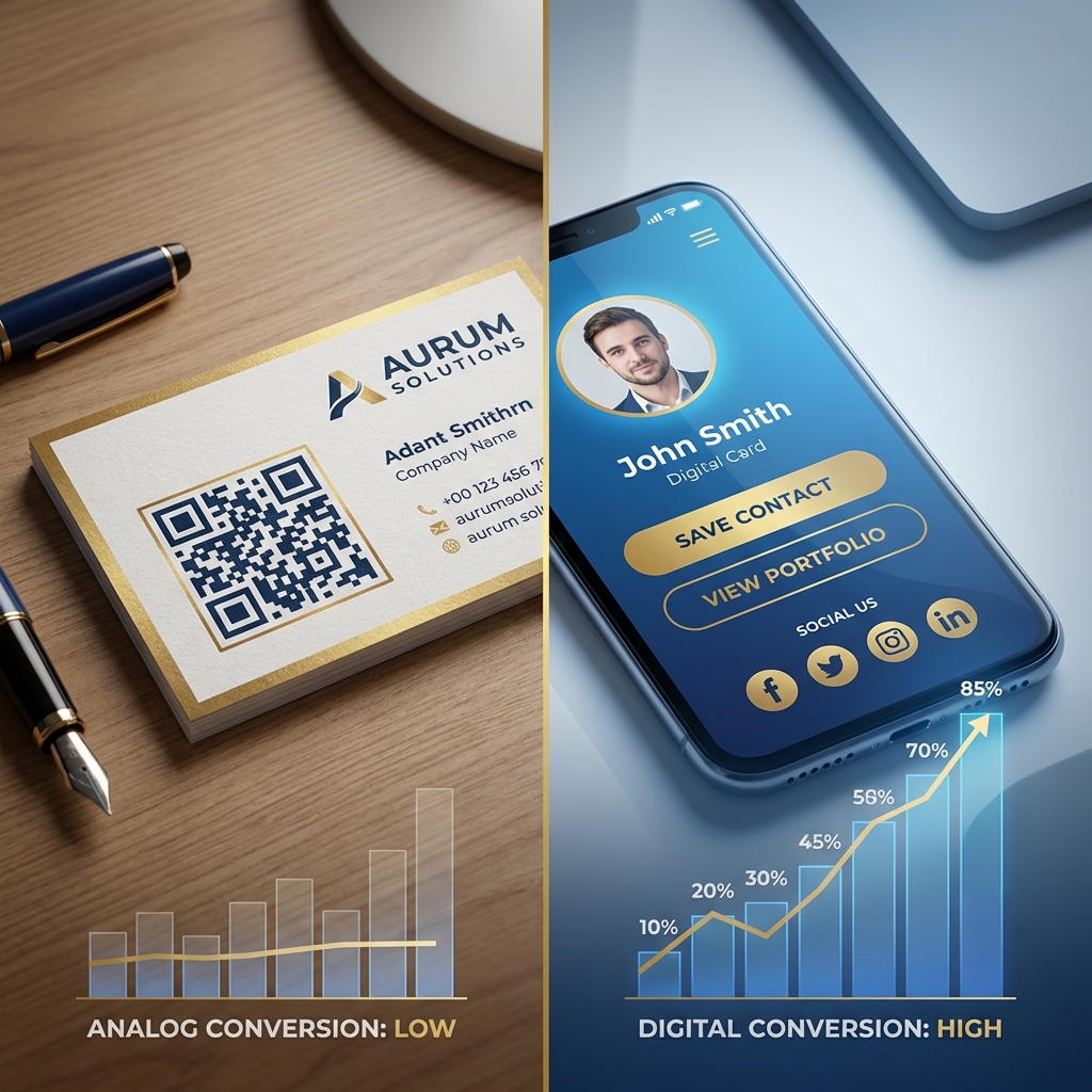 Split comparison showing QR code business card vs digital business card conversion rates